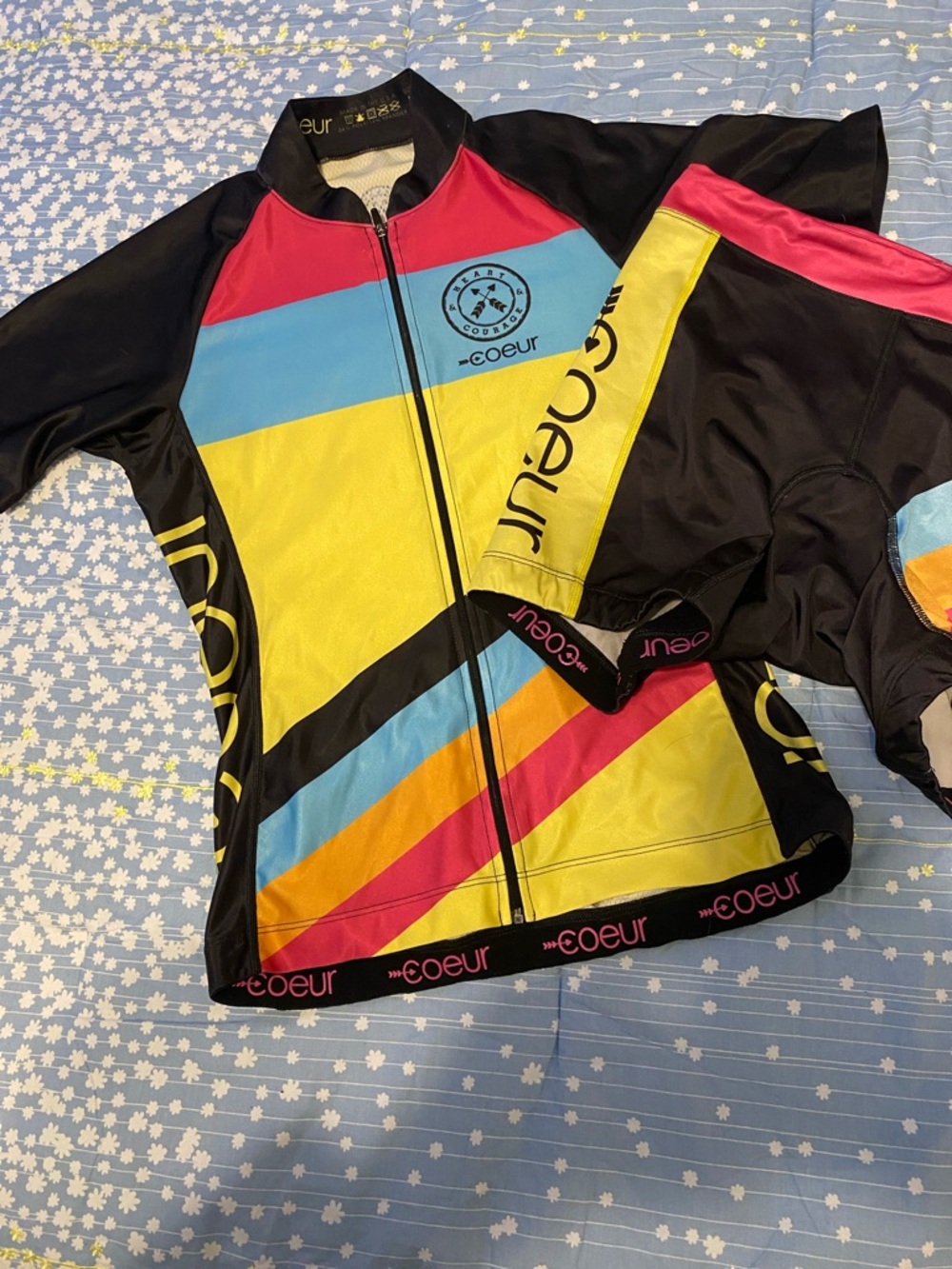 coeur Bright Colorblock Cycling Jersey and matching shorts.